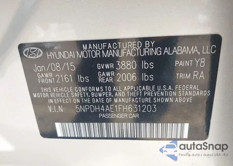 2015 Hyundai Elantra Se z USA, uszkodzony, nr VIN 5NPDH4AE1FH631203